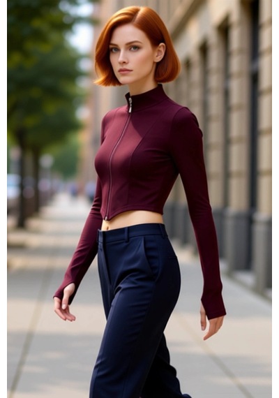 Frm Kadın Fermuarlı Dik Yaka Örme Crop Üst Kaliteli Şık Rahat Modern bordo