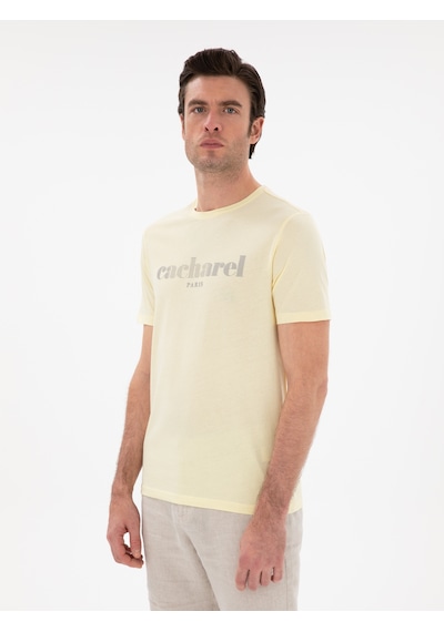 Sarı Regular Fit Bisiklet Yaka Desenli T-shirt Sari