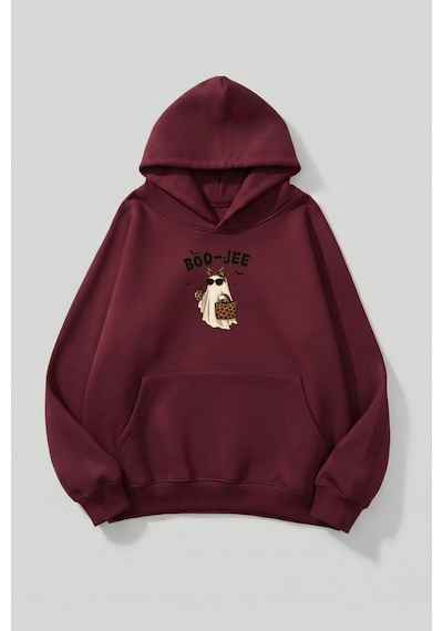 Uyguntarz Unisex Yumuşak Dokulu Boo-jee Ghost Baskılı Tasarım Oversize 3 İplik Hoodie Sweatshirt Bordo