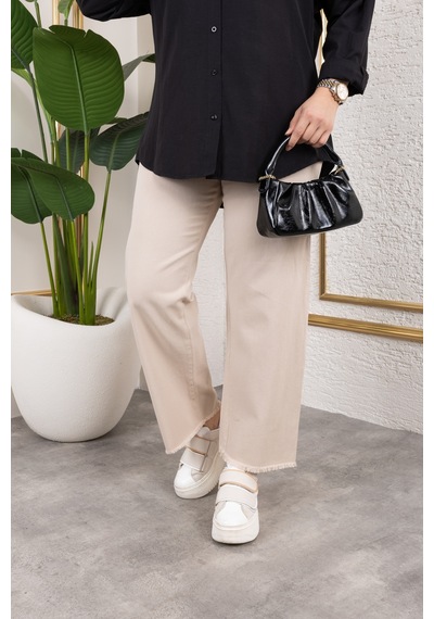 Nevayla Moda Beli Lastikli Keten Pantolon - Bej / A0104 Bej