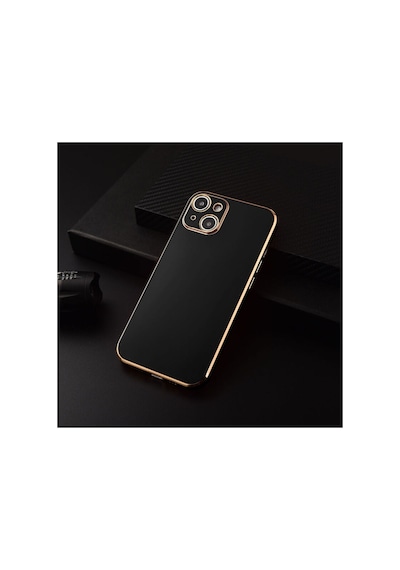 Fibaks iPhone 14 Plus / 15 Plus Uyumlu Kılıf Parlak Kenarlı Altın Işlemeli Kamera Korumalı