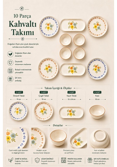 10 Parça 4 Kişilik Rosalia Stoneware Kahvaltı Takımı - Özel Desenli Kahvaltılık Servis Sunum Seti Çok Renkli