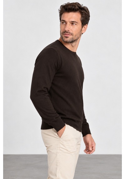 Sabri Özel Erkek Bisiklet Yaka Triko Kazak Regular Fit / Rahat Kesim Sw2200078-kahve