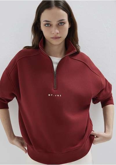Mavi - Mvjns Nakışlı Yarı Fermuarlı Kırmızı Sweatshirt 1s10533-70411 Kırmızı