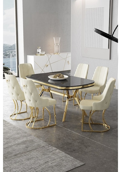 Canisa Epal Serisi 90x168 Lak Panel Siyah Mermer Desen Masa Takımı Gold Ayaklı 6 Krem Sandalye Masa Siyah Mermer Desen Sandalye Krem Canisa Epal Serisi 90x168 Lak Panel Siyah Mermer Desen Masa Takımı Gold Ayaklı 6 Krem Sandalye Masa Siyah Mermer Desen Sandalye Krem