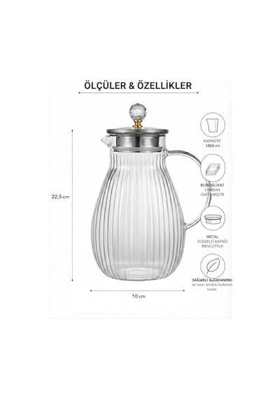 Büyük Boy Borosilikat Tasarım Cam Sürahi,1800 Ml,metal Süzgeç Kapaklı,su,limonata,detoks,çay Sürahisi-taşlı Model