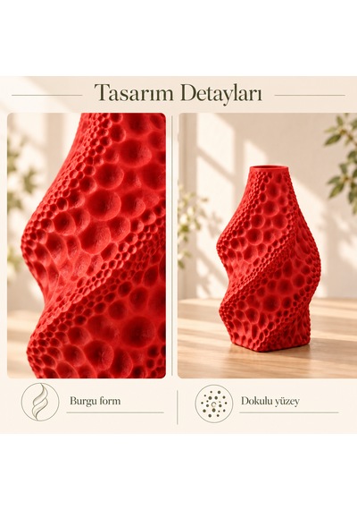 Dekoratif Vazo Burgu Formlu Taş Dokulu Modern Kuru Çiçeklik Kırmızı