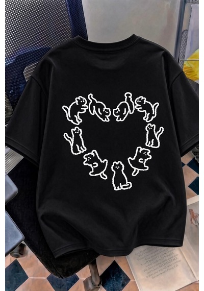 Kedi Kalp Desenli Oversize/rahat Kesim Kısa Kollu T-shirt SIYAH