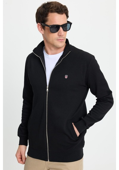 Tudors Erkek Slim Fit Dar Kesim Pamuklu Tam Fermuarlı Çift Cepli Dik Yaka Siyah Sweatshirt Hırka-41891 Siyah