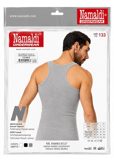 Namaldı Erkek Ribana Rambo Atlet 3'lü Paket - %100 Pamuk Sporcu Atlet 3 Adet Gri
