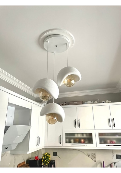 Beton Görünümlü Modern Şık İskandinav Tarz 3 Başlıklı Avize 25cm Rustik Ampul Hediyeli Nestvibe Beyaz