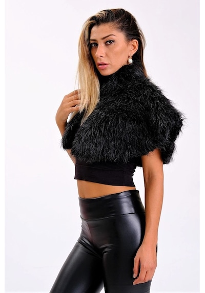 Keyifli Moda Kadın Siyah Broşlu Kürk Etol Bolero