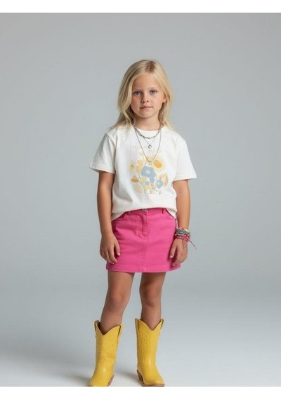 Zekids Kız Çocuk Floral Touch Baskılı Pamuklu T-shirt-16885 Ekru