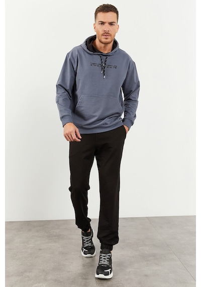 Tommy Life Petrol - Siyah Kapüşonlu Kanguru Cep Lastik Paça Erkek Oversize Eşofman Takımı - 85117 Petrol Mavi
