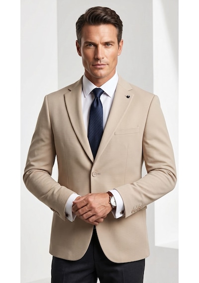 Plus Scorpion Erkek Slim Fit Çift Düğme Çift Yırtmaçlı Blazer Ceket Premium Dokulu Kumaş Bej