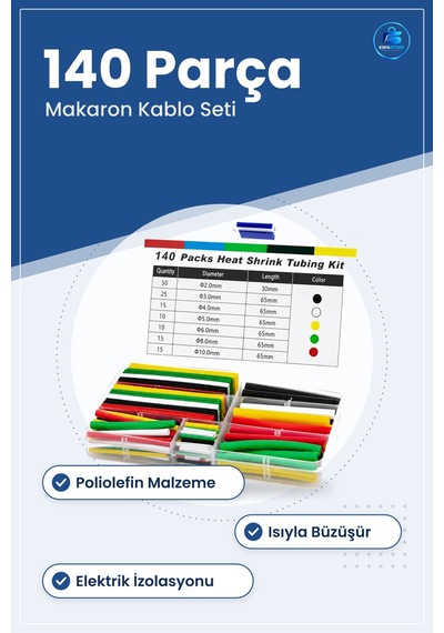 Isıyla Büzüşen Makaron Kablo Tamir Seti 140 Parça Poliolefin Renk