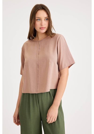 Vitrin Yuvarlak Yaka Kısa Kol Crop Bluz CAMEL