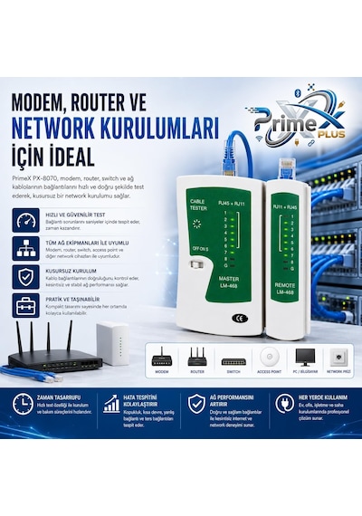 Primex Px-8070 Rj45 Rj11 Kablo Test Cihazı, Cat5 Cat6 Cat7 Cat8 Lan Ethernet Kablo Tester, Adsl Telefon Ve İnternet Kablosu Kontrol Cihazı, Led Göstergeli Network Kablo Test Aleti, 9v Pil İle Çalışır
