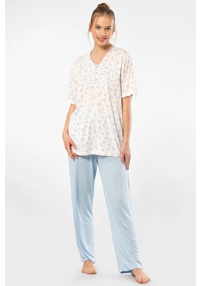Türen 3369 Kadın Büyük Beden Kısa Kollu Pijama Takım-mavi Çok Renkli