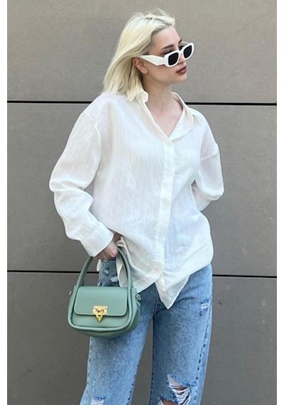 Madmext Beyaz Uzun Kollu Çizgili Oversize Gömlek Mg2080-beyaz Beyaz