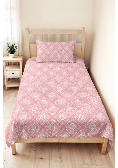 Pembe Damask Geometrik Tek Kişilik Pike Takımı - Beyaz Retro 160x220 Cm Kapitone Yazlık Yatak Örtüsü Çok Renkli