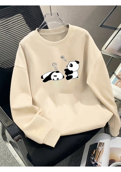 Uyguntarz Uykucu Panda Baskılı Bisiklet Yaka Sweatshirt Bej