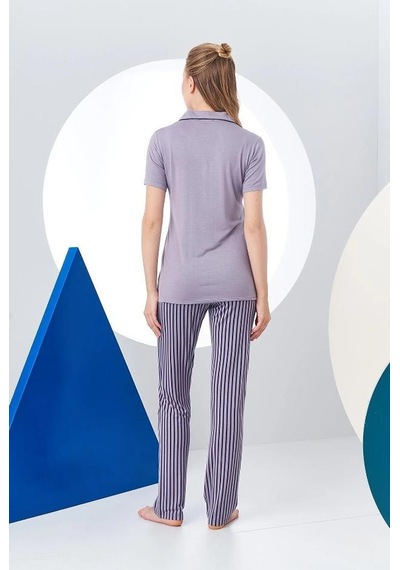 Pjs 24156 Kadın Çizgili Düğmeli Pijama Takım 001