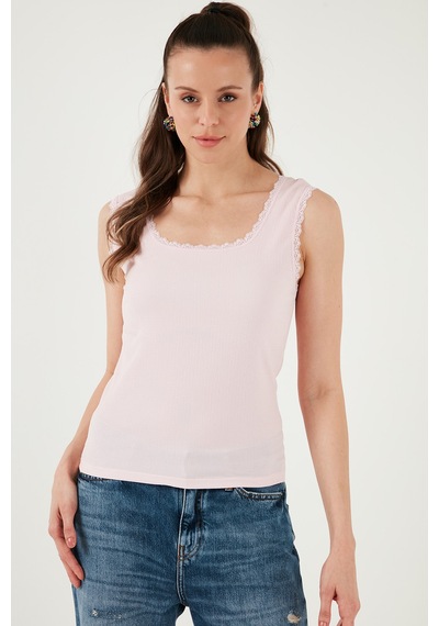 Lela Slim Fit Kalın Askılı Dantelli Kare Yaka Bürümcük Bayan Atlet 5864979 Toz Pembe