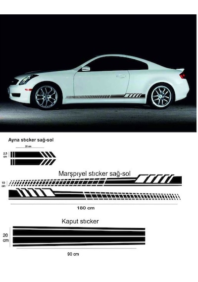 Marşpiyel,Kaput,Yan Ayna 180x10 CM,90x20 CM,20x2,5 CM Sport1 Oto Sticker 5 Parça