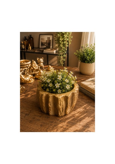 Dekoratif Gold Saksı 13x7 Cm Polyester Taş Görünümlü Kaktüs Sukulent Çiçek Saksısı Altın