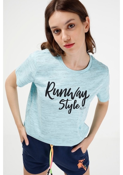 Brz Collection Mavi Renk Siyah Kırçıllı Kadın Kısa Kollu T-Shirt Mavi