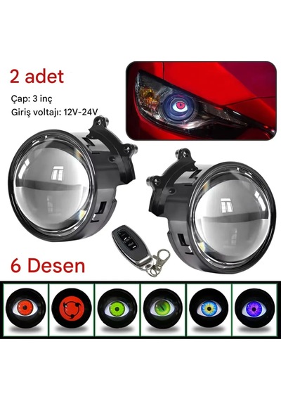 Şeytan Gözü 12v-36v Led Far Motosiklet Uyumlu Kumandalı 6 Modlu Renkli Mercekli Led 1 Çift