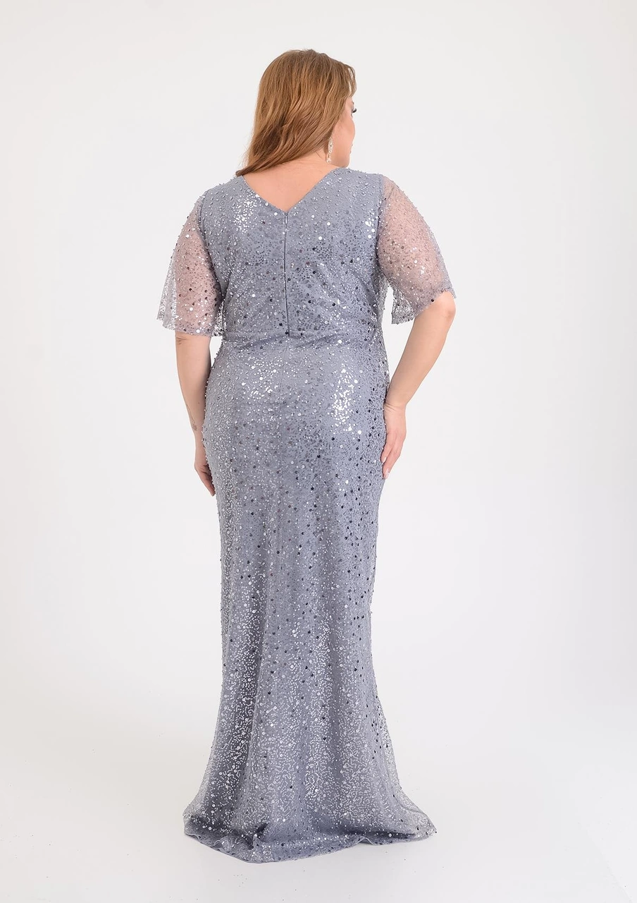Lilas Xxl Büyük Beden Glitter Baskı Gri Renkli Kısa Kollu Uzun Abiye Elbise Gri