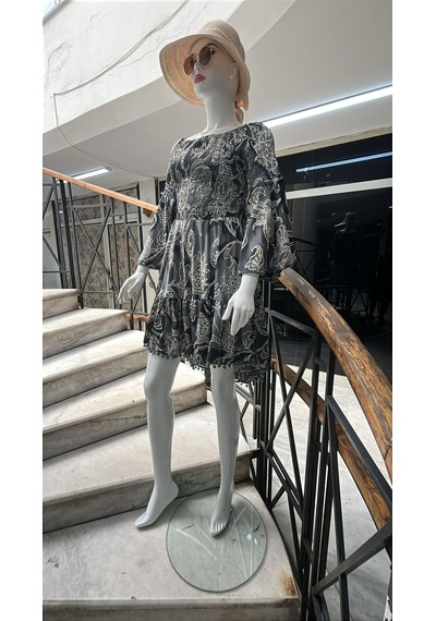 Eren Style Yapraklı Desenli Madonna Yaka İpek Elbise-10348 Gri