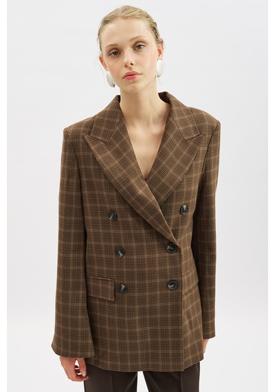 Manuka Kruvaze Ekose Blazer Ceket Kahverengi Aw25ckt00017-122 Kahverengi
