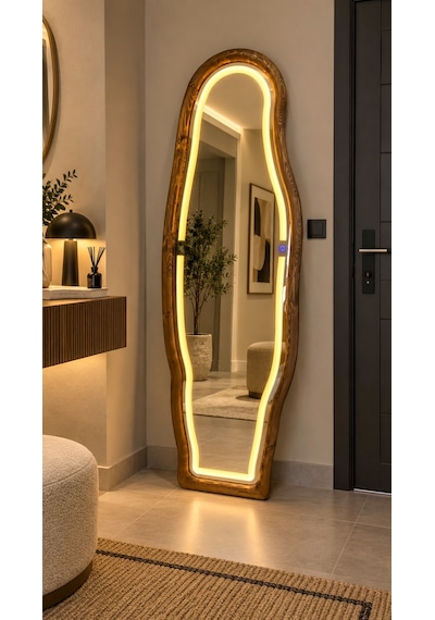 Ledli Doğal Ahşap Çerçeveli 180x60 Cm Ceviz Asimetrik Ayaklı Boy Aynası