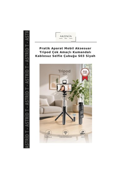 Pratik Aparat Mobil Aksesuar Tripod Çok Amaçlı Kumandalı Kablosuz Selfie Çubuğu S03 Siyah