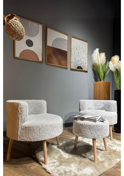 Elegant Comfort Kül Gri Çay Seti Ve Peluş Ikili Berjer & Puf Takımı - 3'lü Set