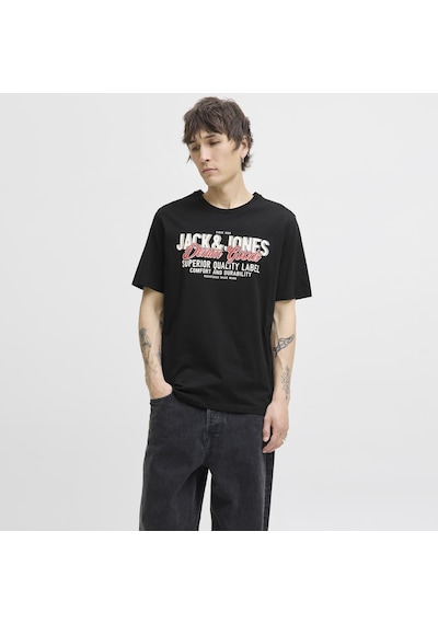 Jack & Jones Erkek Bisiklet Yaka Baskili Tisört - Logo - 12279535 Siyah