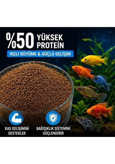 Tr Etçil Akvaryum Balık Yemi, Granül 500 800 Micron, Yüksek Proteinli%50, Hızlı Büyüme, Canlı Renk, Tüm Trop