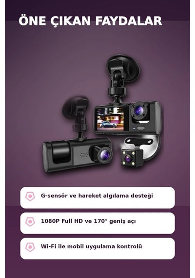 1080p Full Hd 3 Kameralı Wi-fi Bağlantılı Araç İçi Kayıt Cihazı Ve Park Kamerası Seti