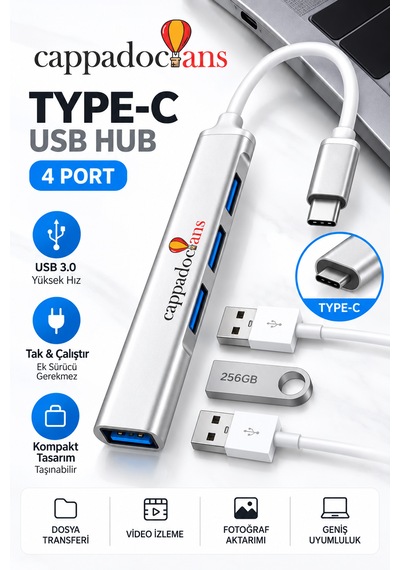 Veri Aktarıcı, Aktarım, Çevirici, Usb Çoklayıcı - Type C - 4 Port Klavye Mouse Uyumlu Usb Hub