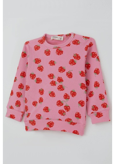 Breeze Kız Bebek Pijama Takımı Omuzdan Patlı Çilek Desenli 4 Ay-1 Yaş, Pembe Pembe