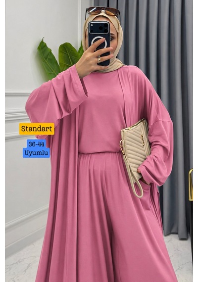 Balenbi Kadın Viskon Penye Uzun Hırka Bluz Geniş Paça Pantolon Abaya Takım 3791 Pembe