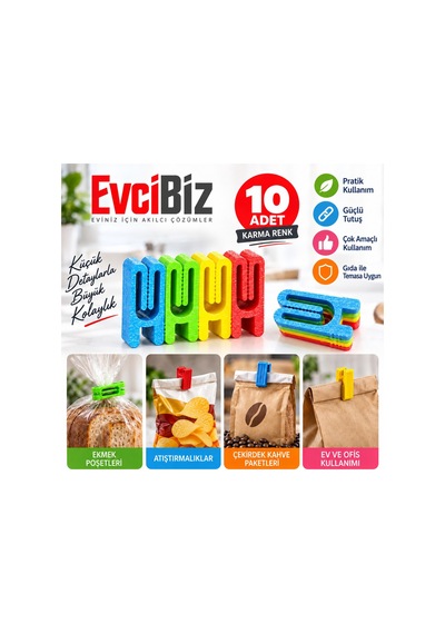 Evcibiz Poşet Paket Mandalı Klipsi 10'lu Karma Renk Pla Çevre Dostu Kese Ve Ambalaj Mandalı