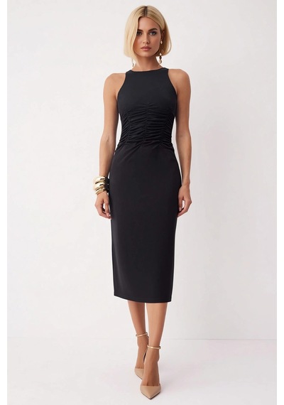 Benerly Kadın Halter Yaka Kolsuz Leopar Desenli Bodycon Midi Kokteyl Elbi Siyah
