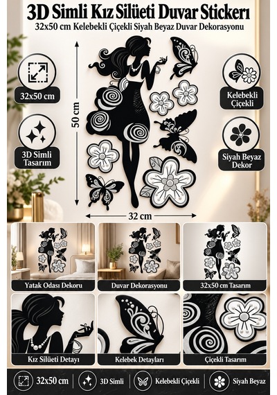 3d Simli Kız Silüeti Duvar Stickerı 32x50 Cm Kelebekli Çiçekli Siyah Beyaz Oda Duvar Dekorasyonu Renkli