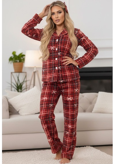 Siyah İnci Polar Kışlık Örme Pijama Takım Bordo
