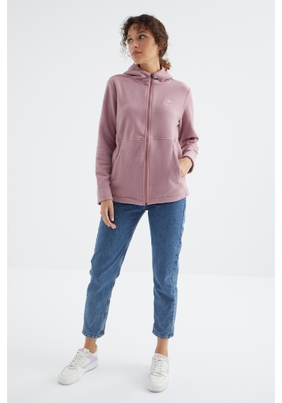 Tommy Life Gül Kurusu Kapüşonlu Fermuarlı Rahat Form Kadın Polar Sweatshirt - 97233 Gülkurusu