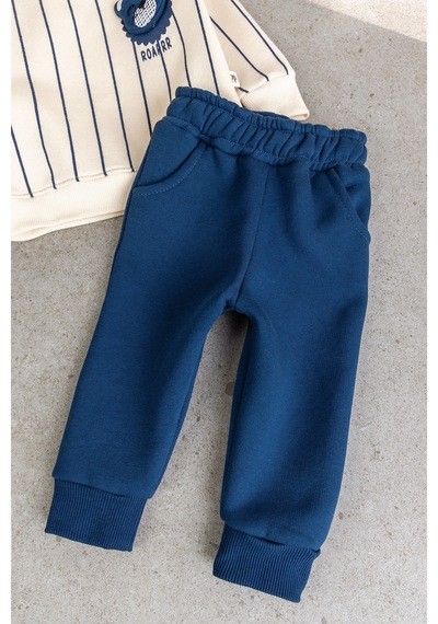 Babymod Erkek Bebek Ayıcık Figürlü Çizgili Krem Sweatshirt Ve Lavivert Alt Eşofman Takımı Lacivert